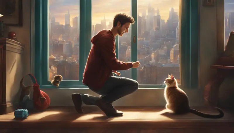man playing with a cat