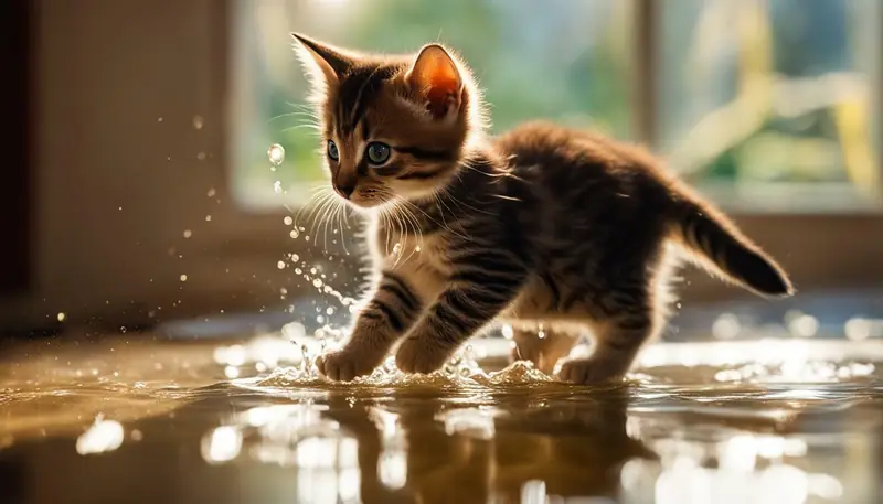 kitten playing with water bowl