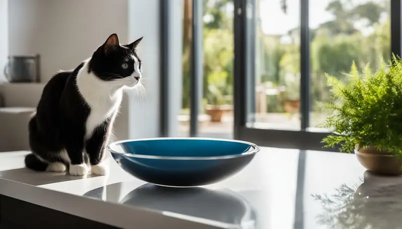 Cat drinking from a water bowl