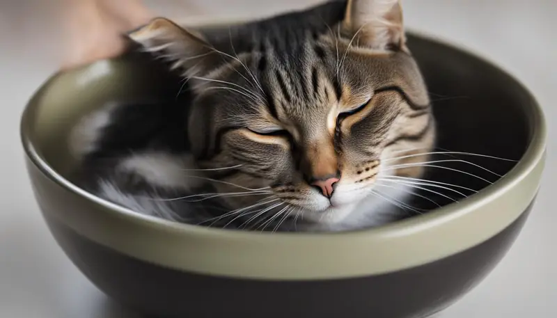 Cat enjoying being petted while eating