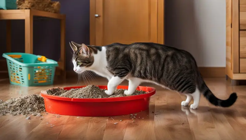 cat plays in litter box