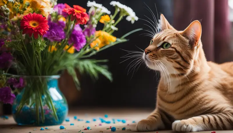 cat smelling flowers