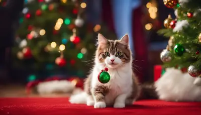 Cat playing with Christmas-themed wand toy