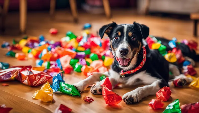 dog eating candy wrapper