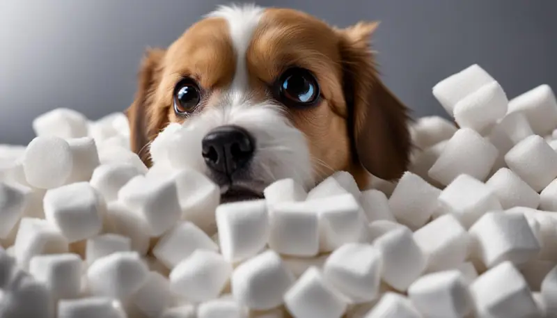 dog eating packing peanuts