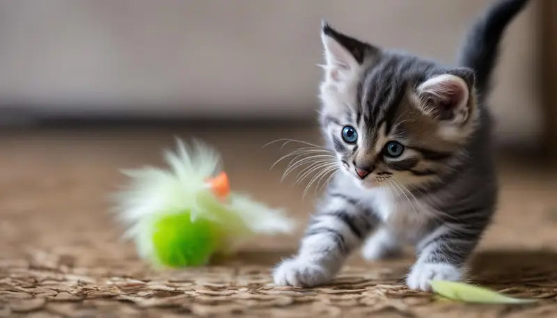 kitten playing with a feather toy