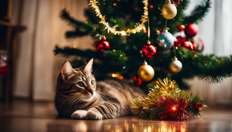 cat and a decorated Christmas tree
