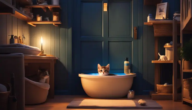 Preparing bathroom for kitten at night