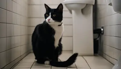 cat guarding owner in the bathroom