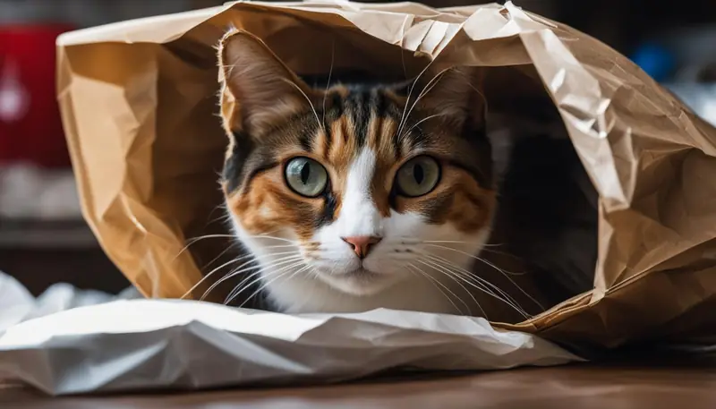 cat hiding in bag