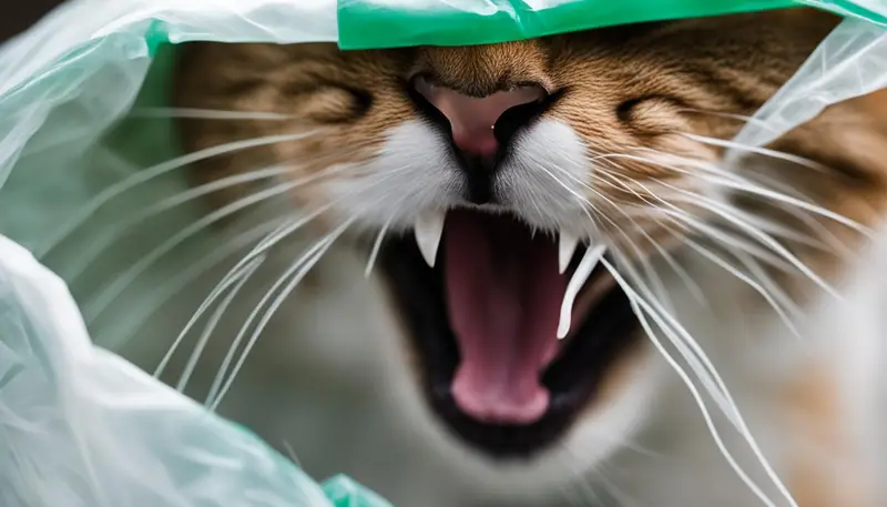 cat chewing plastic bag