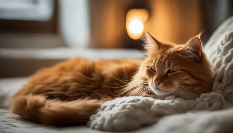 cat sleeping on a cozy bed