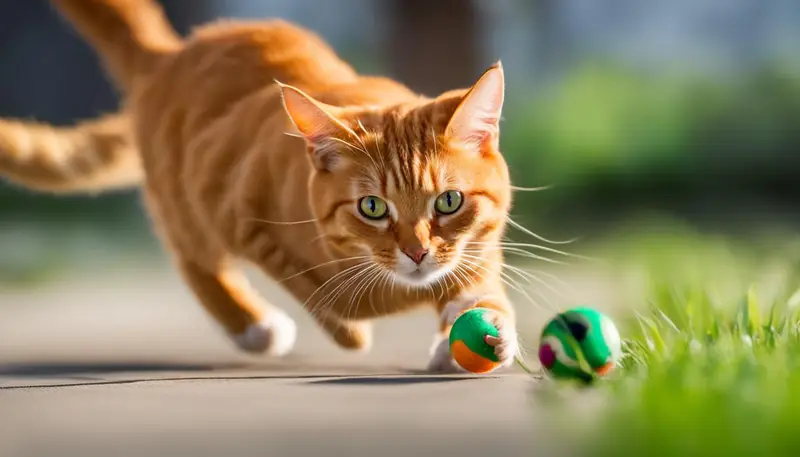 Male cat playfully chasing a toy mouse