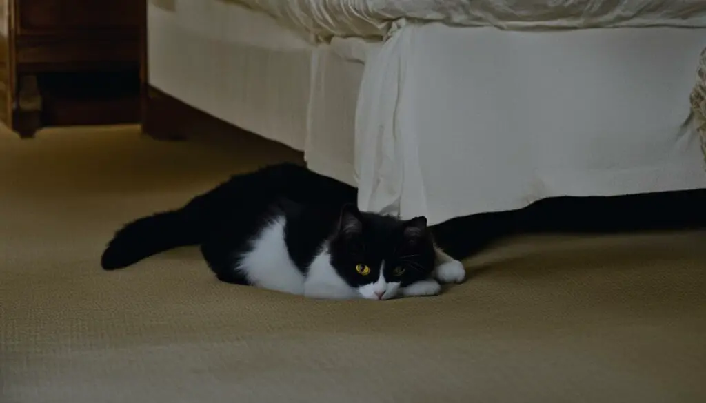 cat hiding under bed