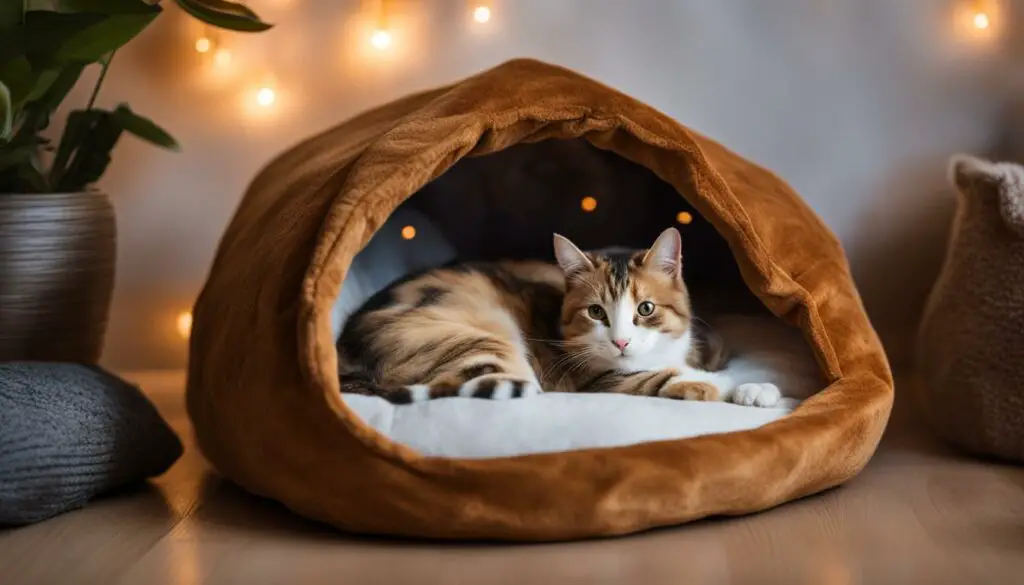 cat relaxing in a cozy bed