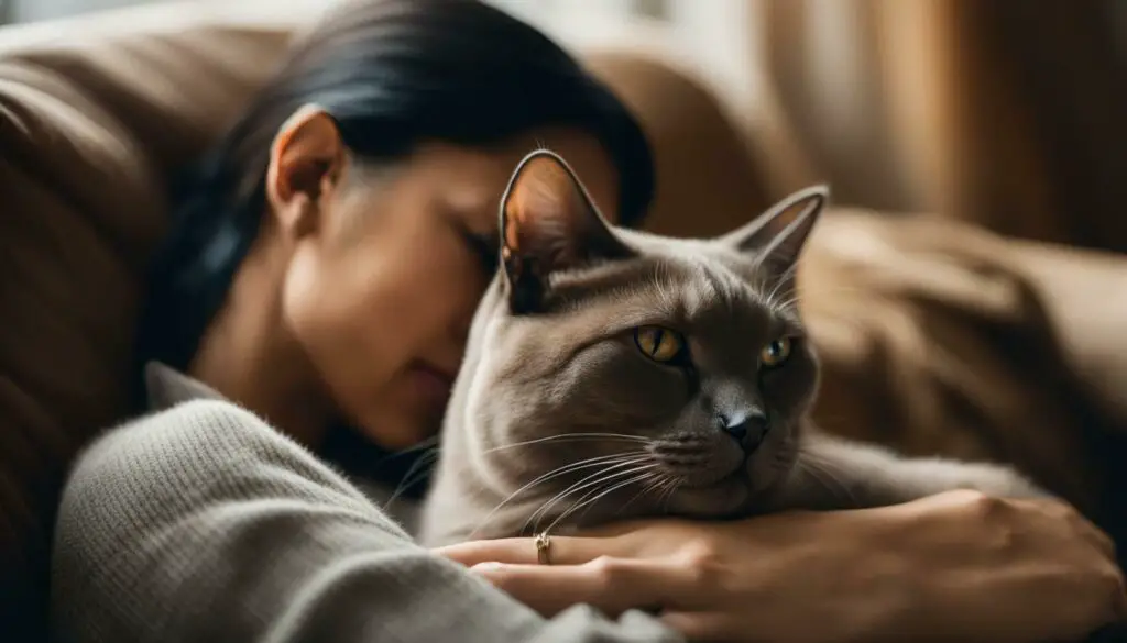 Burmese cat cuddling with owner