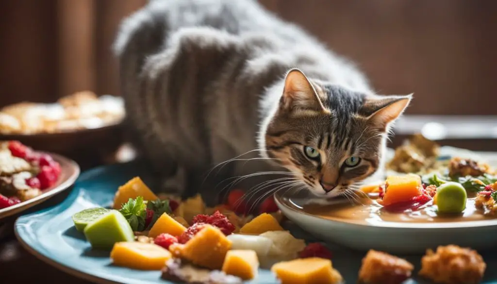 Curious cat exploring a plate of food