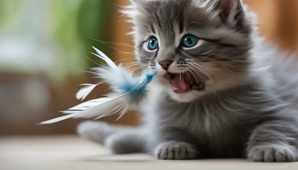 Kitten playing with a feather wand