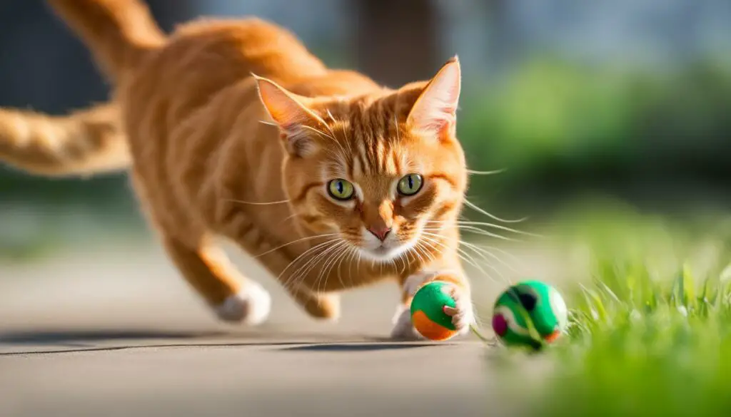 Male cat playfully chasing a toy mouse