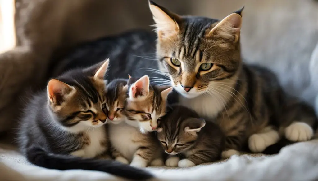 Mother cat grooming her kittens