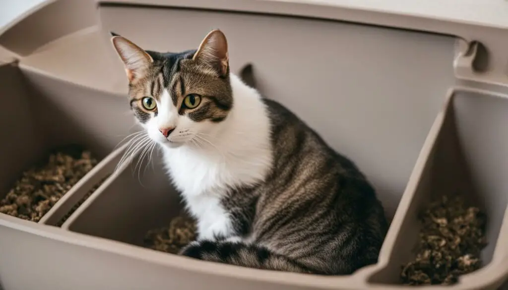 Neutered male cat using litter box