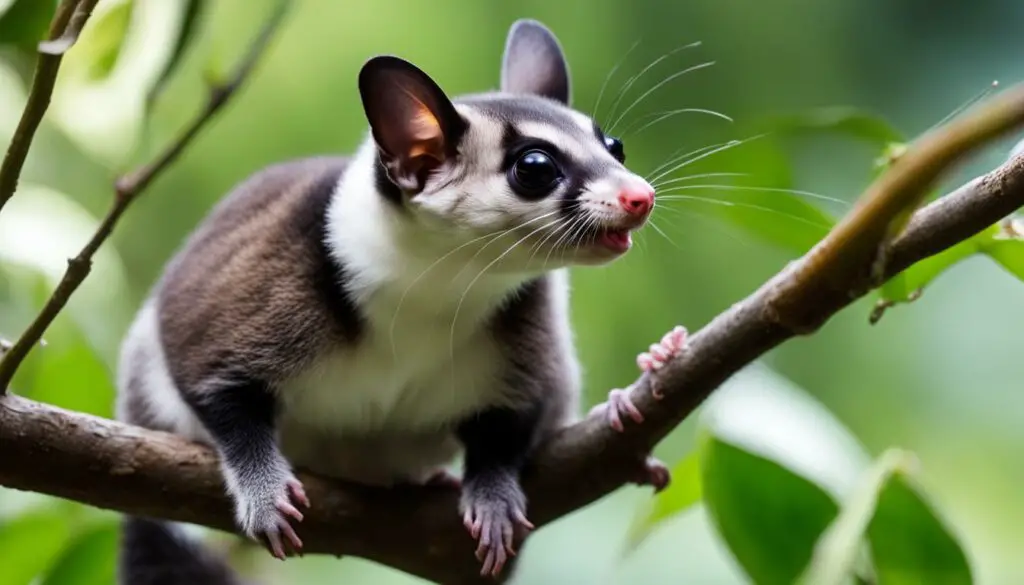 Sugar glider playing on branches