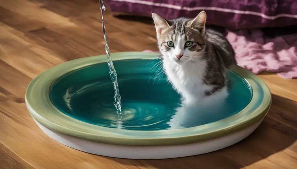 cat drinking from a weighted water bowl
