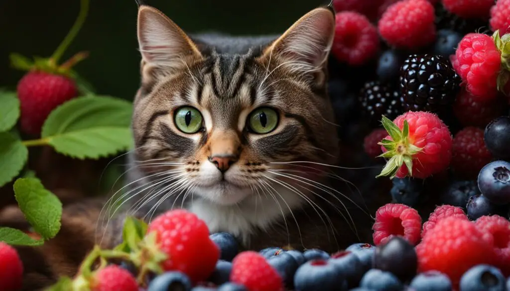 cat eating blueberries