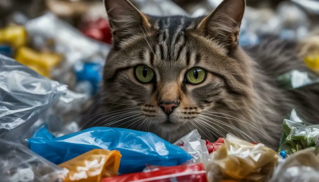 cat eating plastic