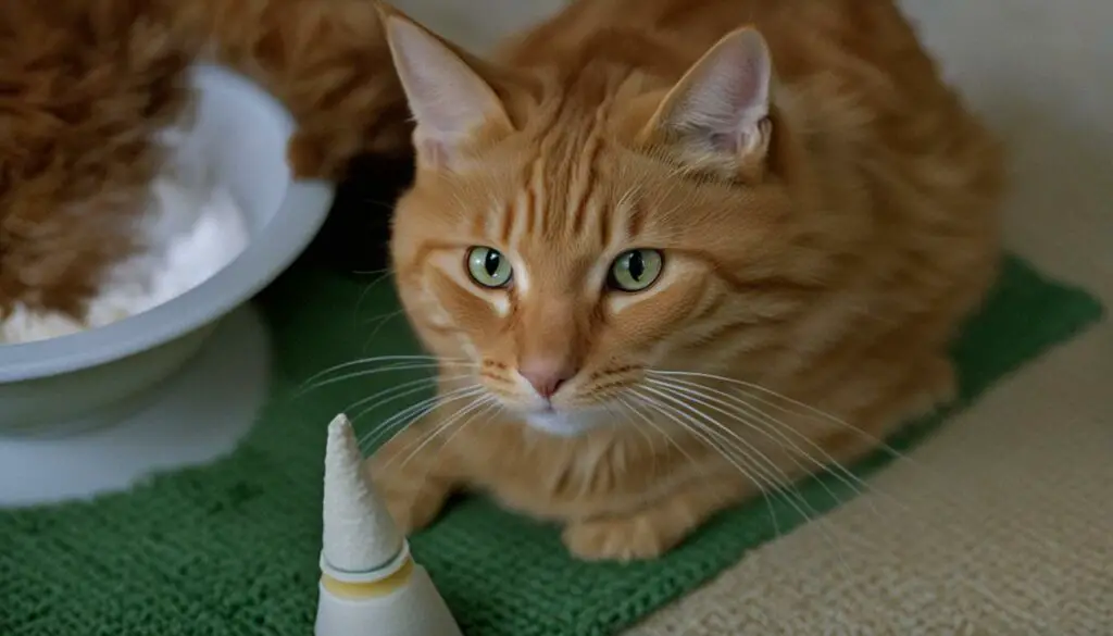 cat eating with cone