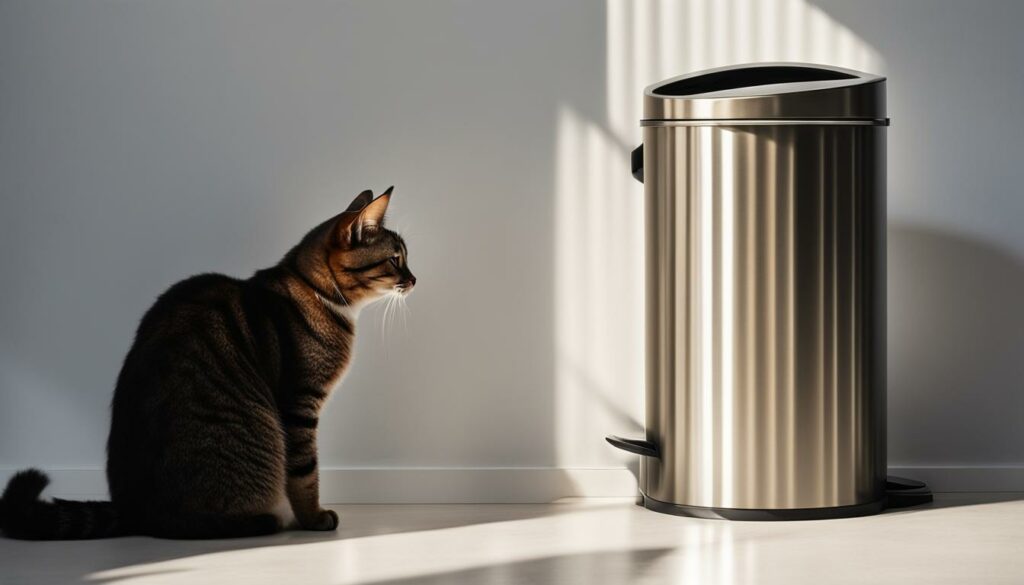 cat exploring the trash can