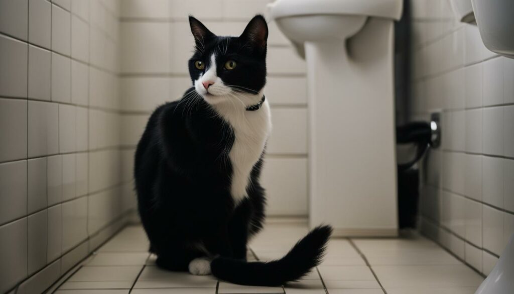 cat guarding owner in the bathroom