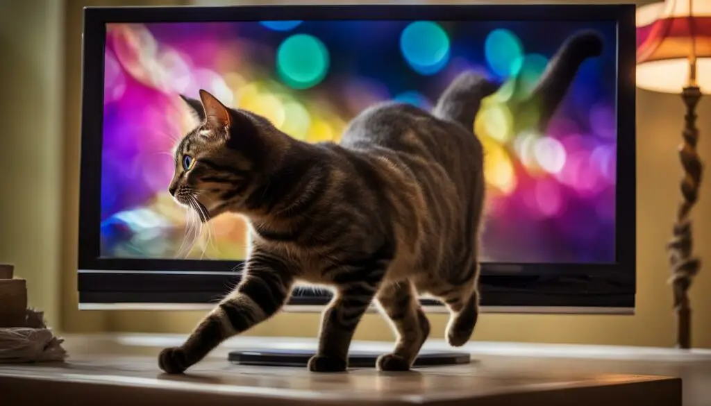 cat jumps at tv