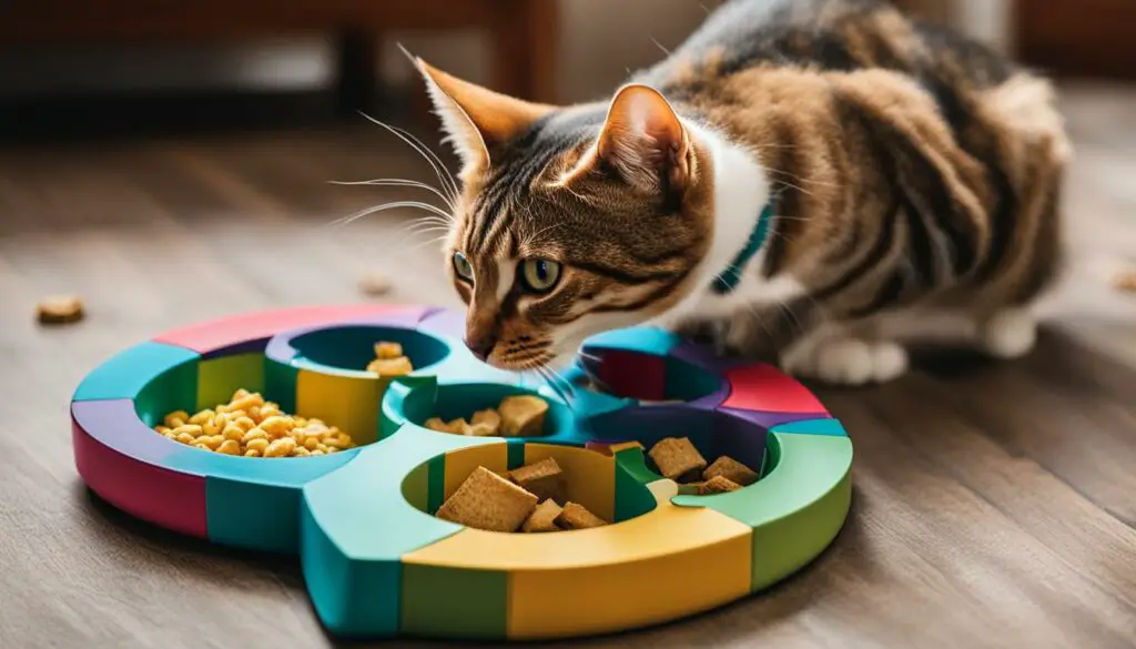 cat playing with food puzzle bowl
