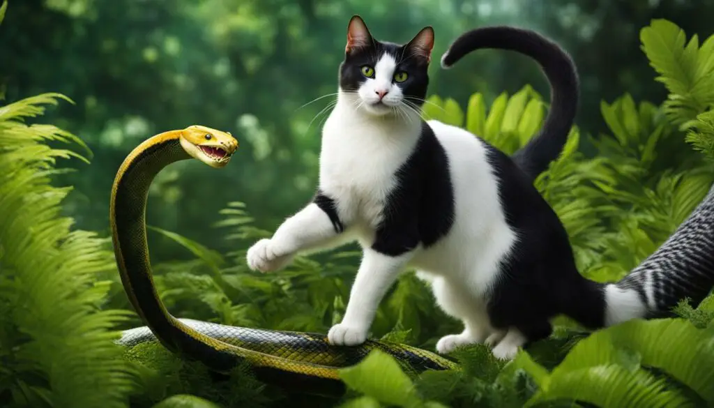cat protecting from snake