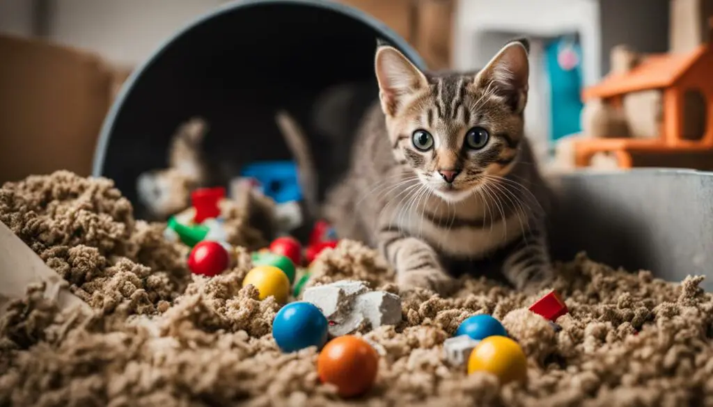 cat puts toys in litter box