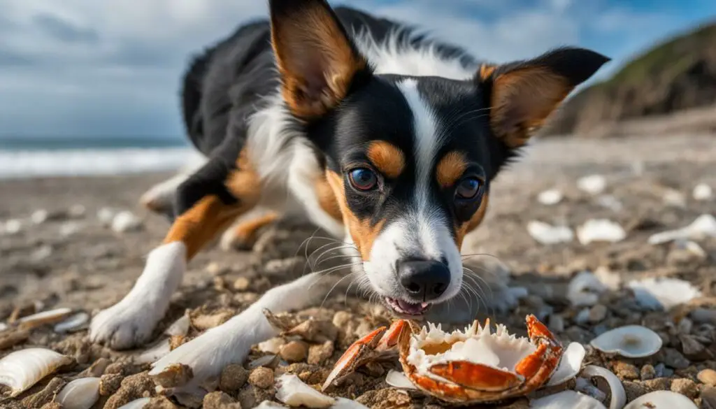 dog eating crab shells