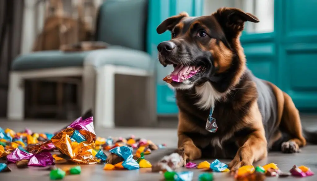 emergency situations with dog eating candy wrapper