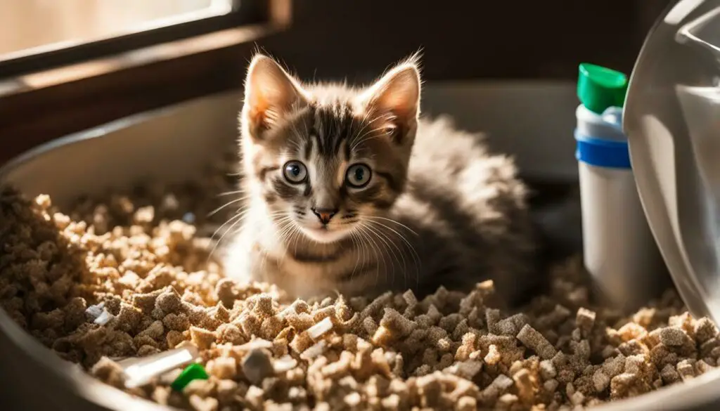 kitten playing with a litter box