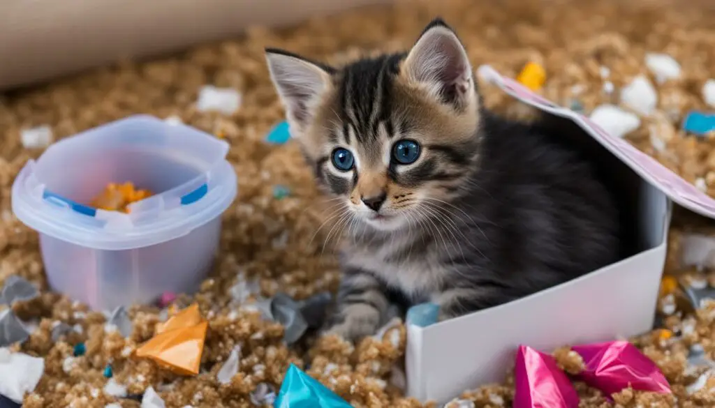 kitten playing with litter