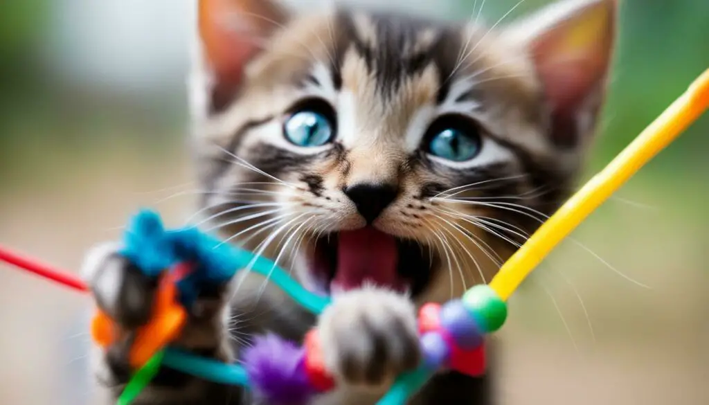kitten playing with wand toy