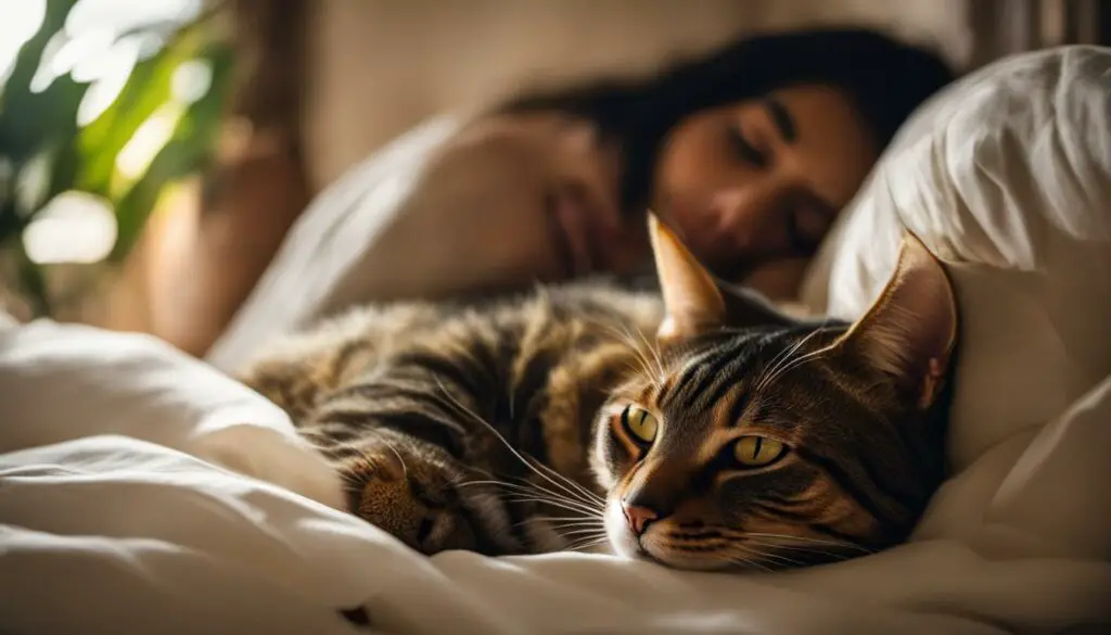 male cat sleeping with female owner