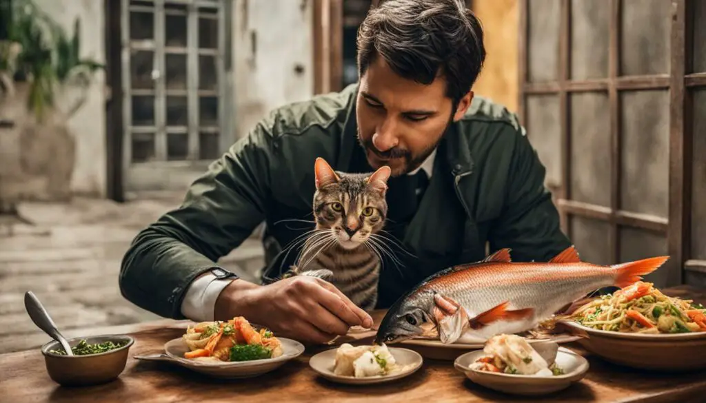 man feeding cat