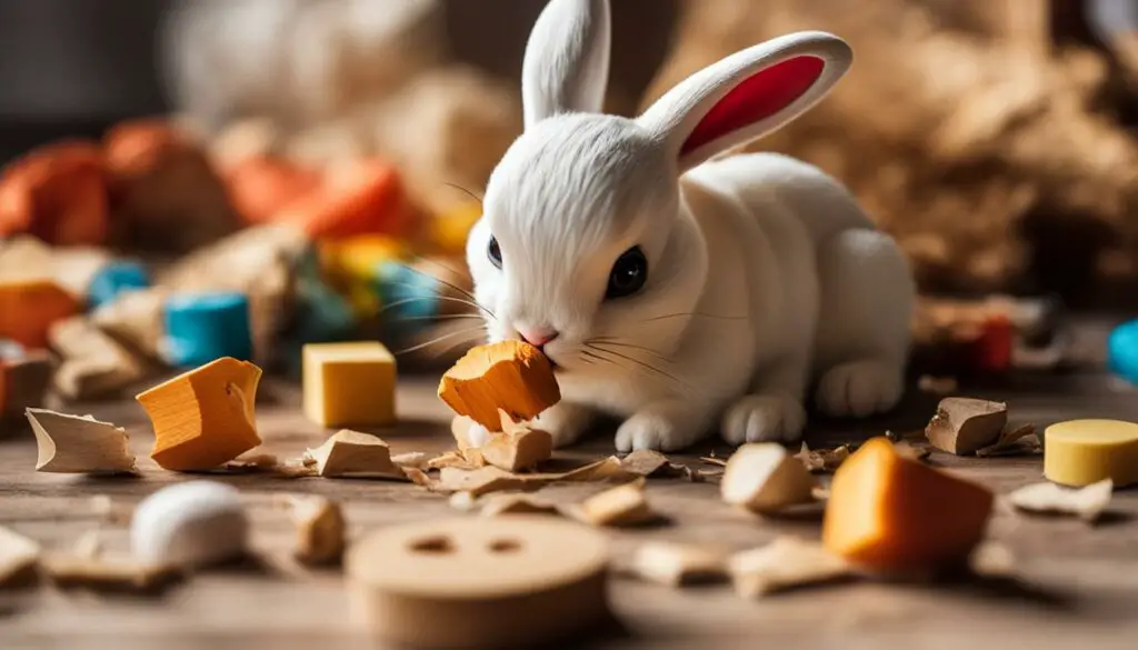 rabbit chewing on a wooden toy