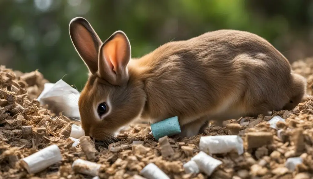 rabbit choosing between cat litter and pine pellets