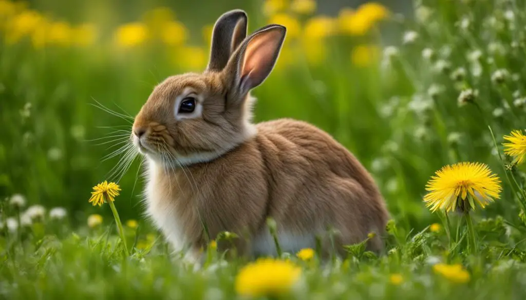 rabbit eating dandelion leaves