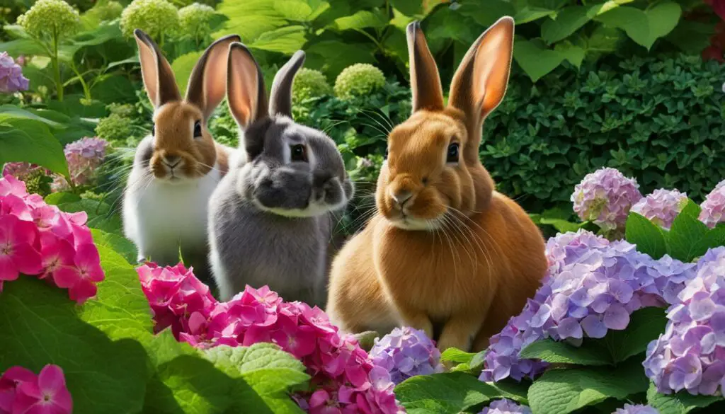 rabbits and hydrangeas